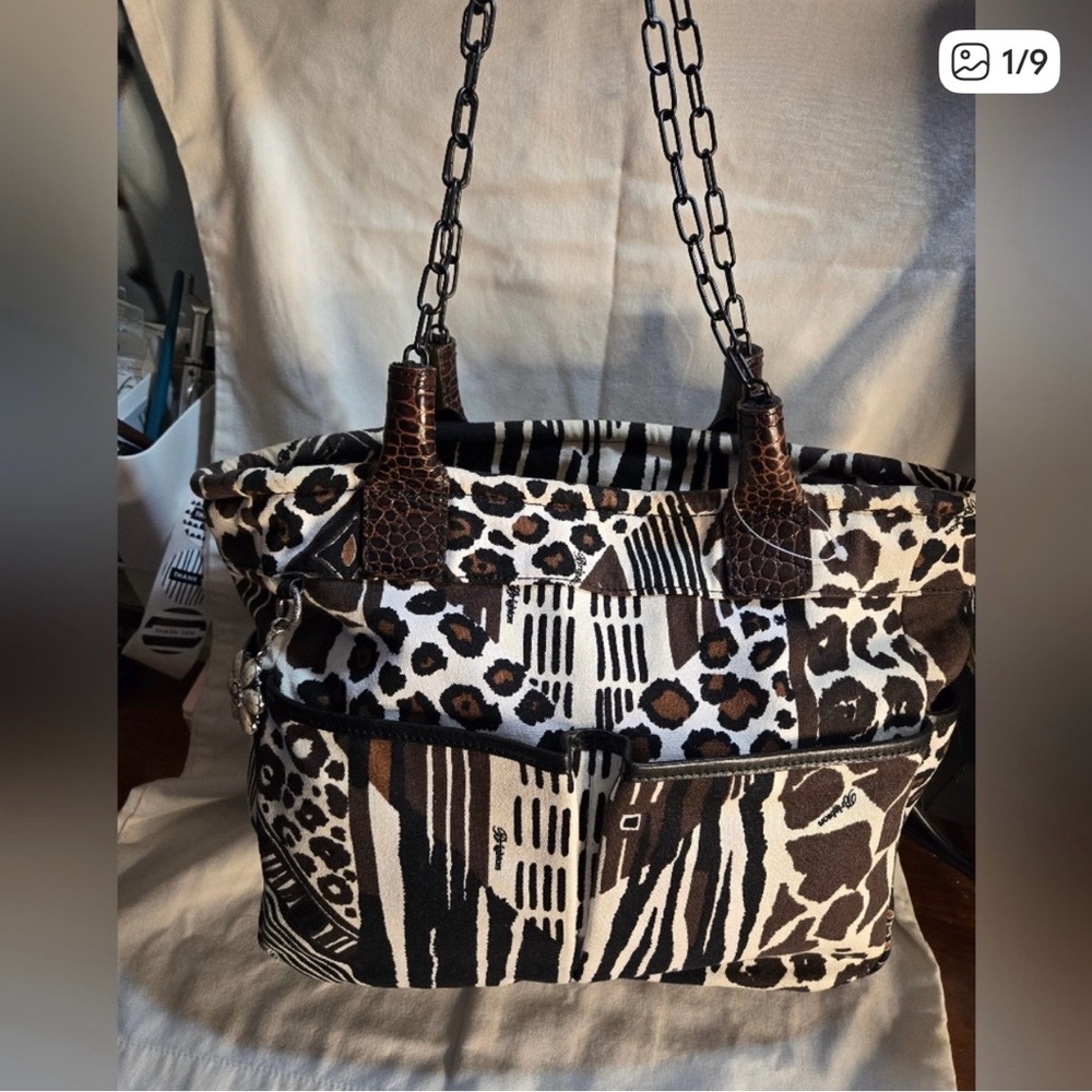 EUC RETIRED Brighton Liliana animal print canvas tote W/leather trim and chain